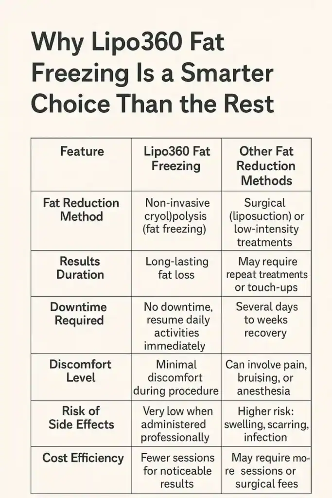Is it possible to permanently freeze fat cells? 2 Table showing benefits of fat freezing to remove fat cells Bognor Regis from Lipo 360